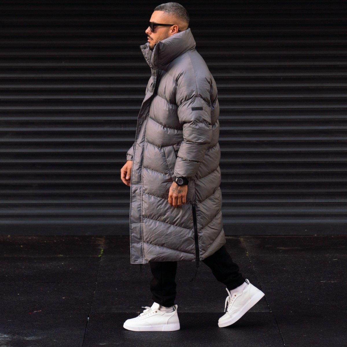 Oversized Long Gray Puffer Coat with High Collar
