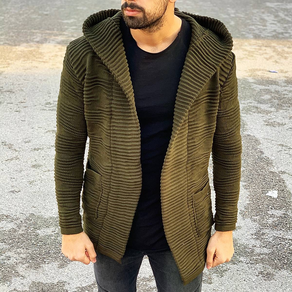 Ribbed Pattern Hooded Cardigan in Brown