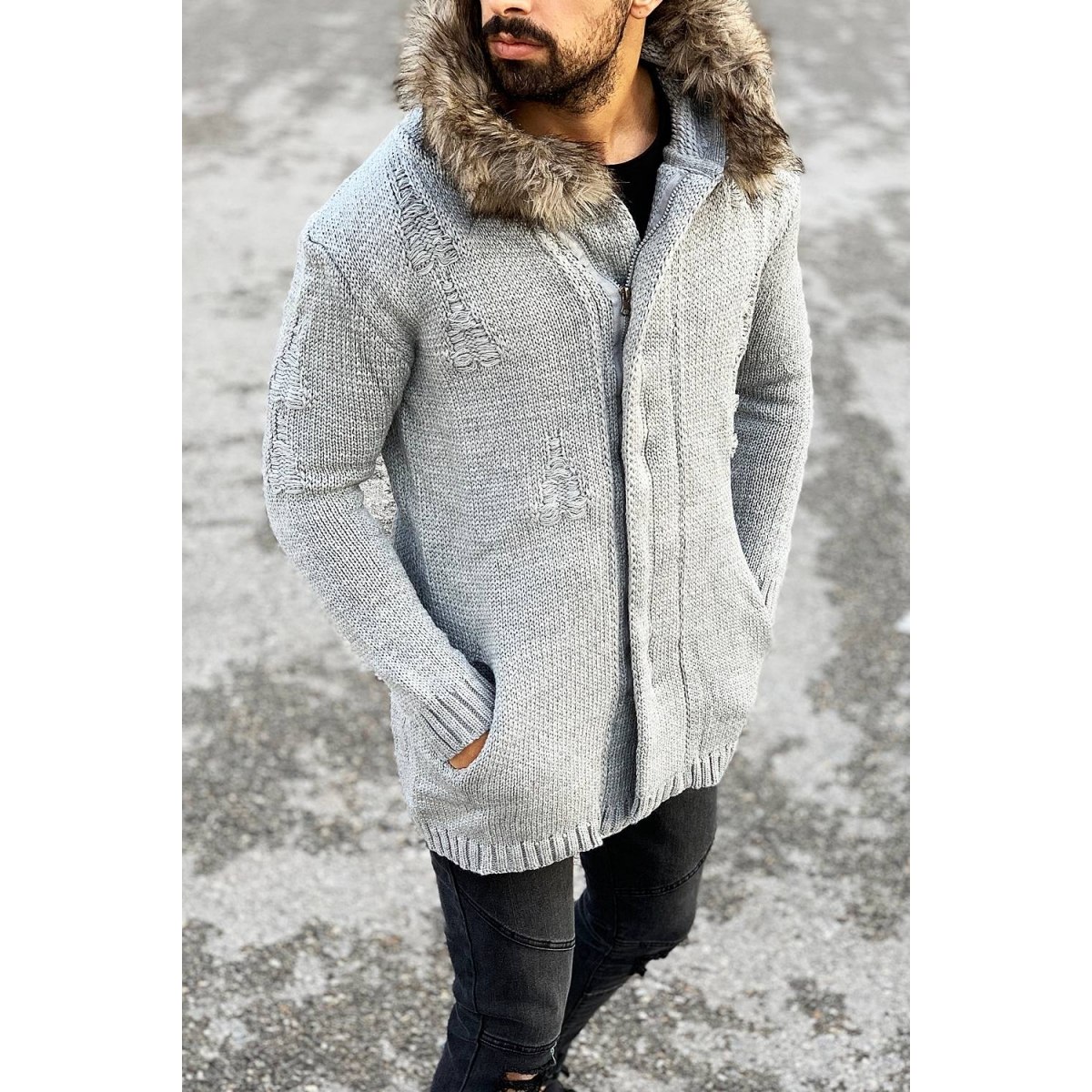 Rough Pattern Fur-Hood Cardigan Jacket in Grey - 1