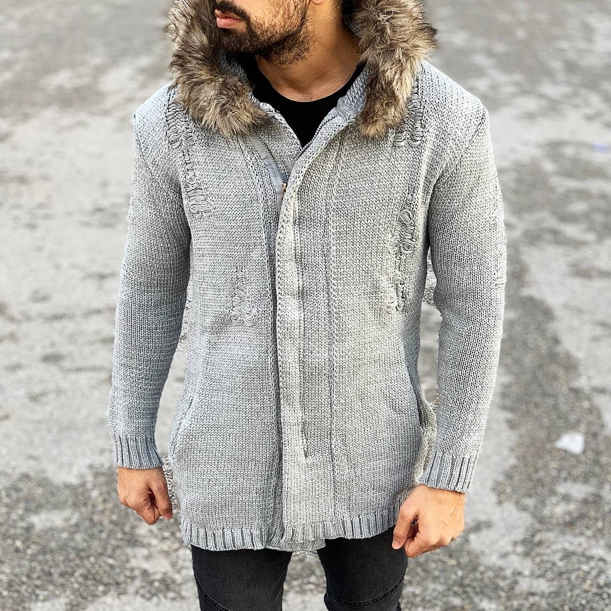 Rough Pattern Fur-Hood Cardigan Jacket in Grey - 2