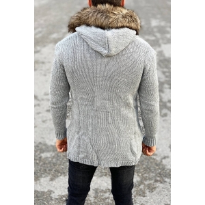Rough Pattern Fur-Hood Cardigan Jacket in Grey
