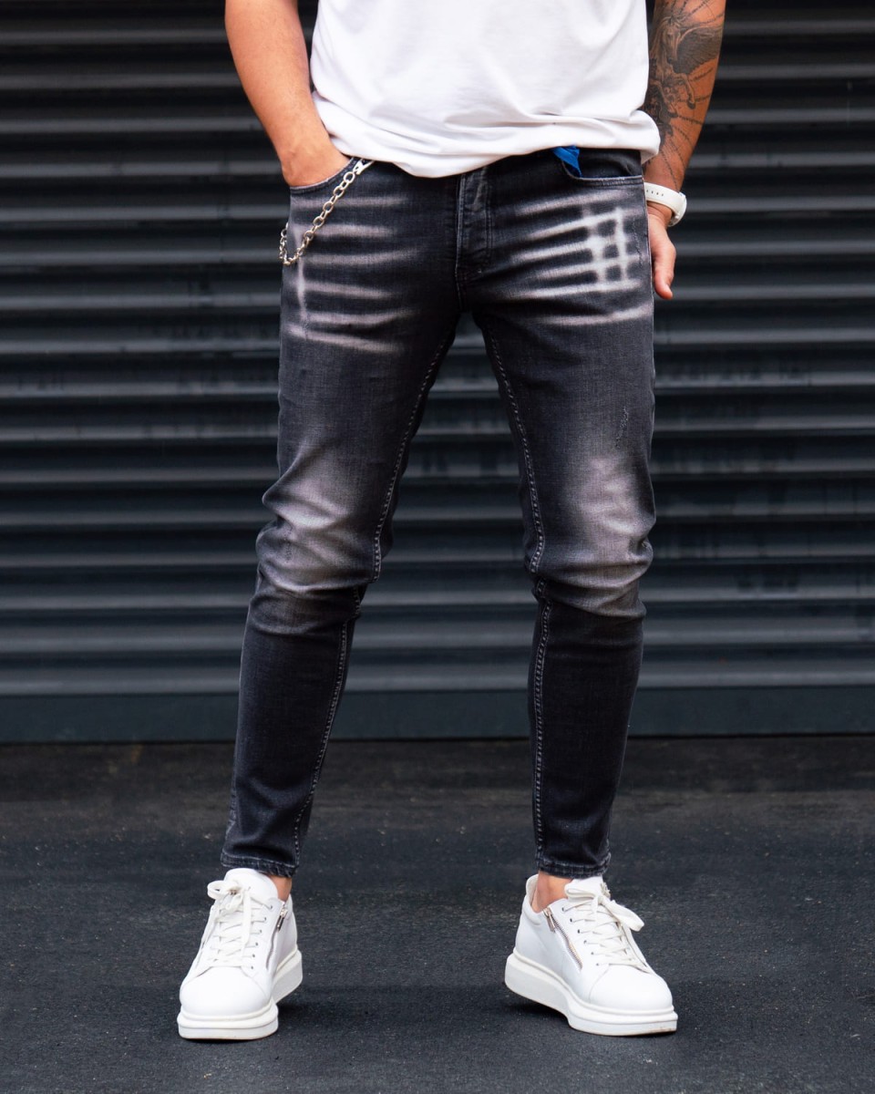 Calça Jeans Slim Fit Vintage Preta Lavada com Correntes | Martin Valen