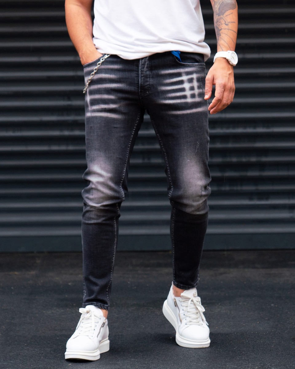 Calça Jeans Slim Fit Vintage Preta Lavada com Correntes | Martin Valen