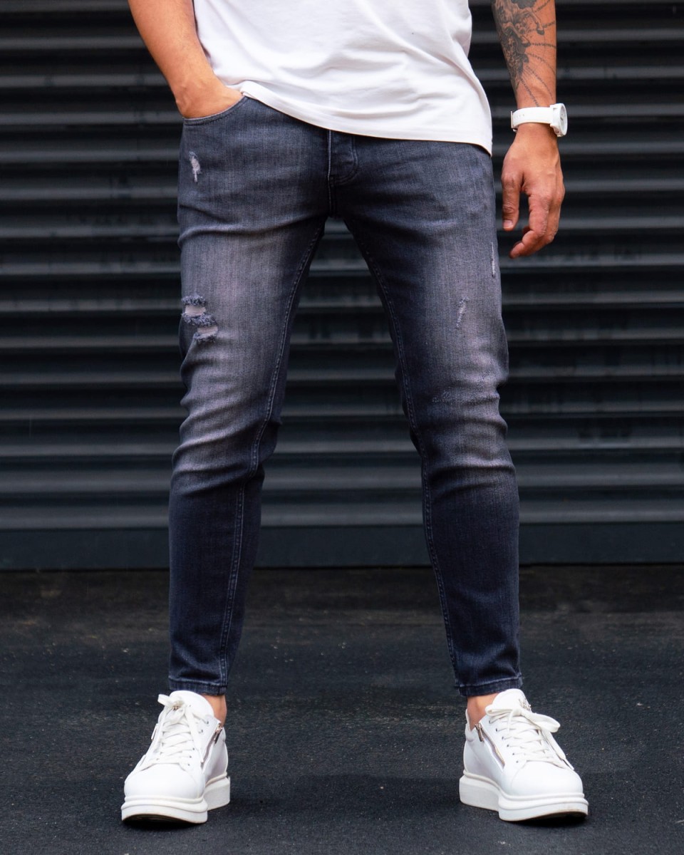 Ripped Detail Slim Fit Jeans in Washed Black