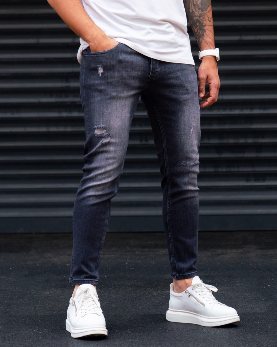 Ripped Detail Slim Fit Jeans in Washed Black