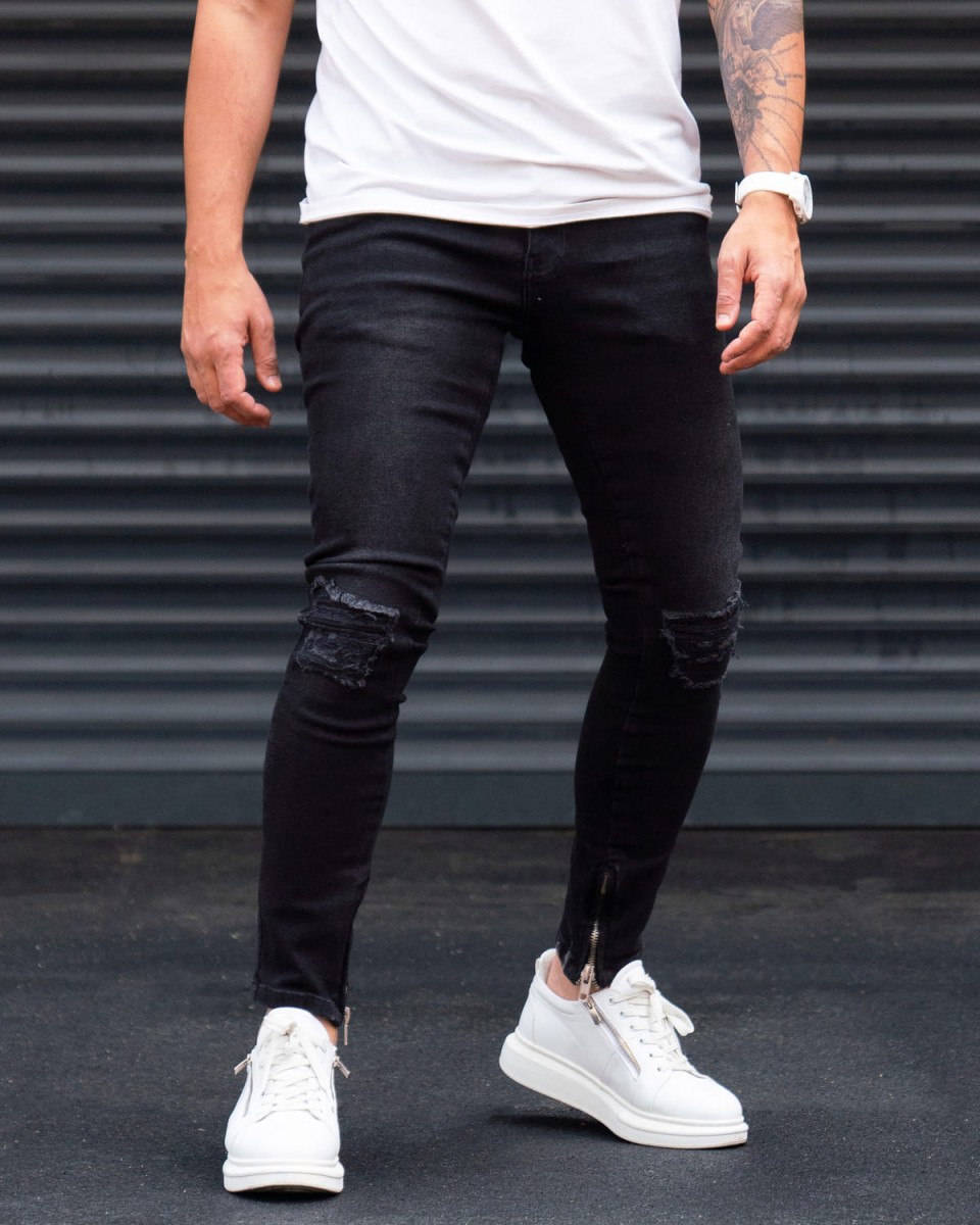 Ripped Slim Fit Jeans in Washed Black with Zipped Cuffs | Martin Valen