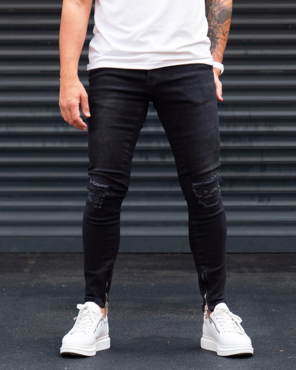 Ripped Slim Fit Jeans in Washed Black with Zipped Cuffs