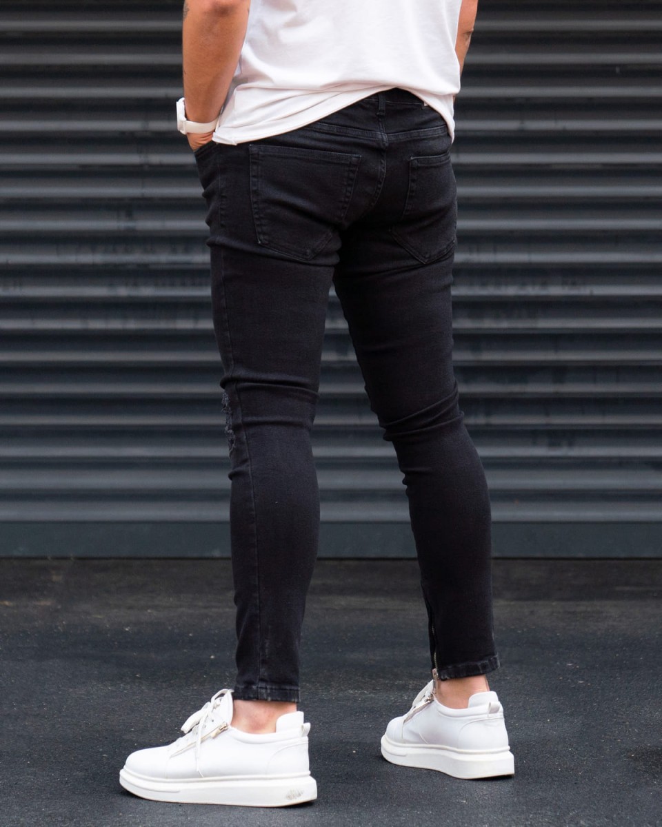 Ripped Slim Fit Jeans in Washed Black with Zipped Cuffs | Martin Valen