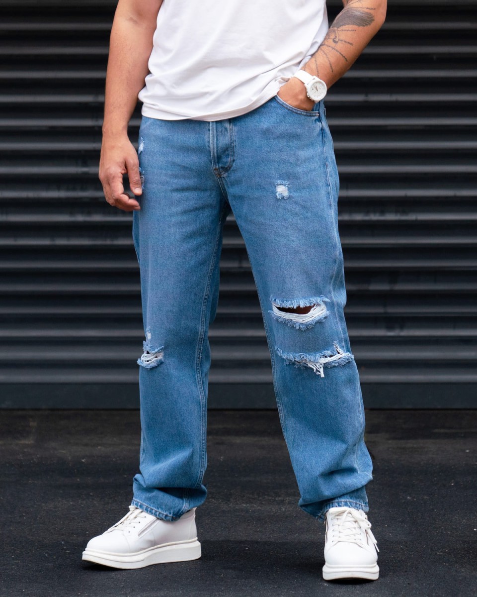 Ripped Detail Baggy Hiphop Jeans in Blue