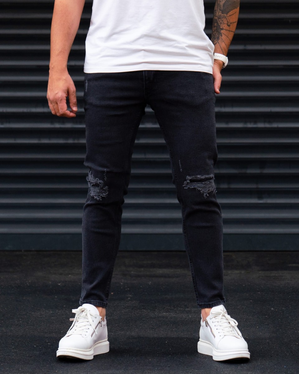 Vintage Washed Ripped Slim Fit Jeans in Black