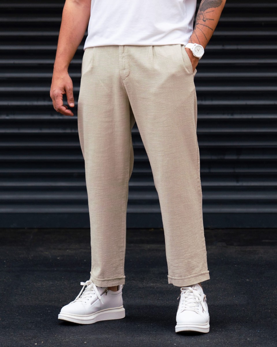 Oversized Joggers with Welt Pockets and Hemp Fabric - Beige