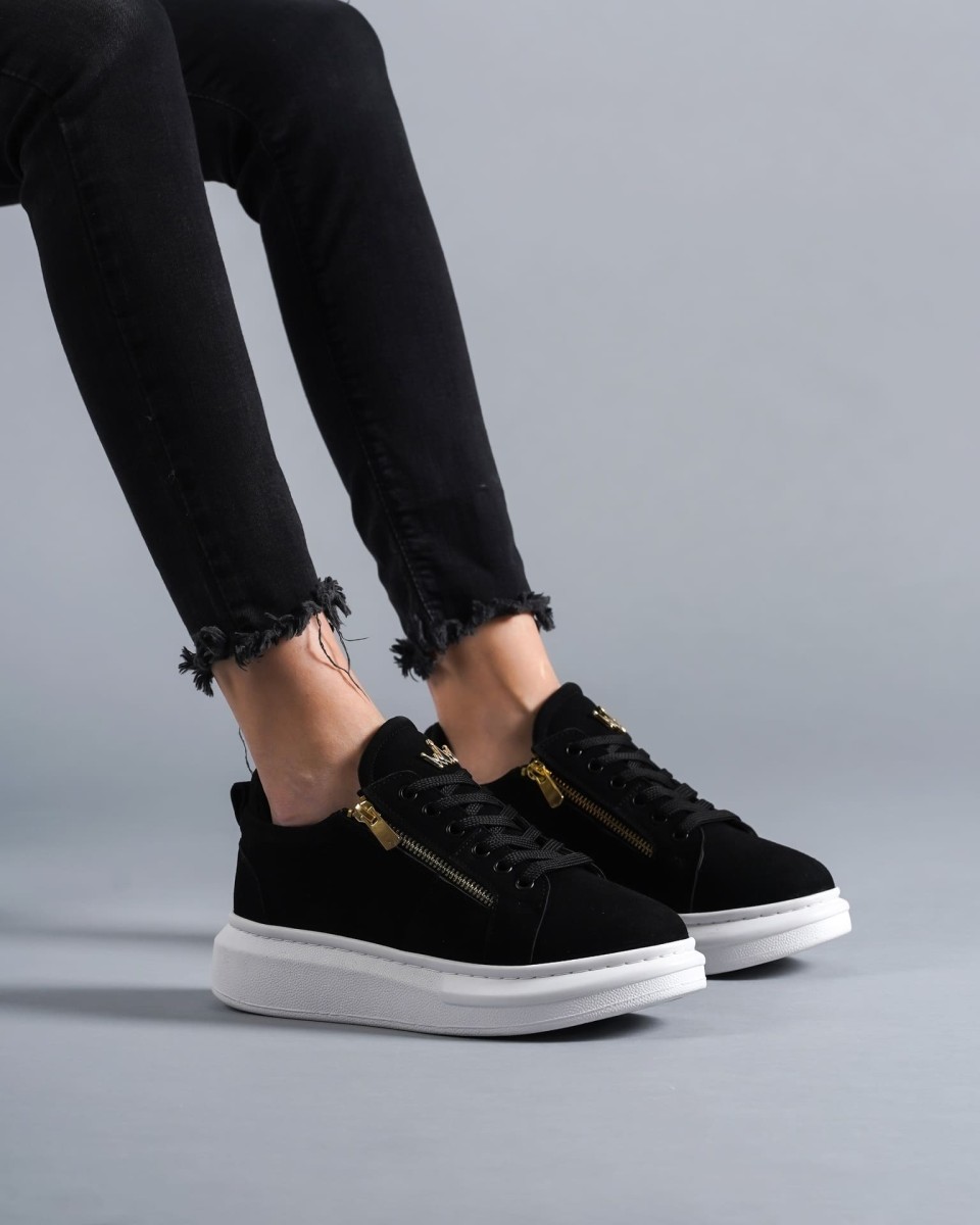 Women's Chunky Suede Sneakers with Gold Zipper in Black | Martin Valen