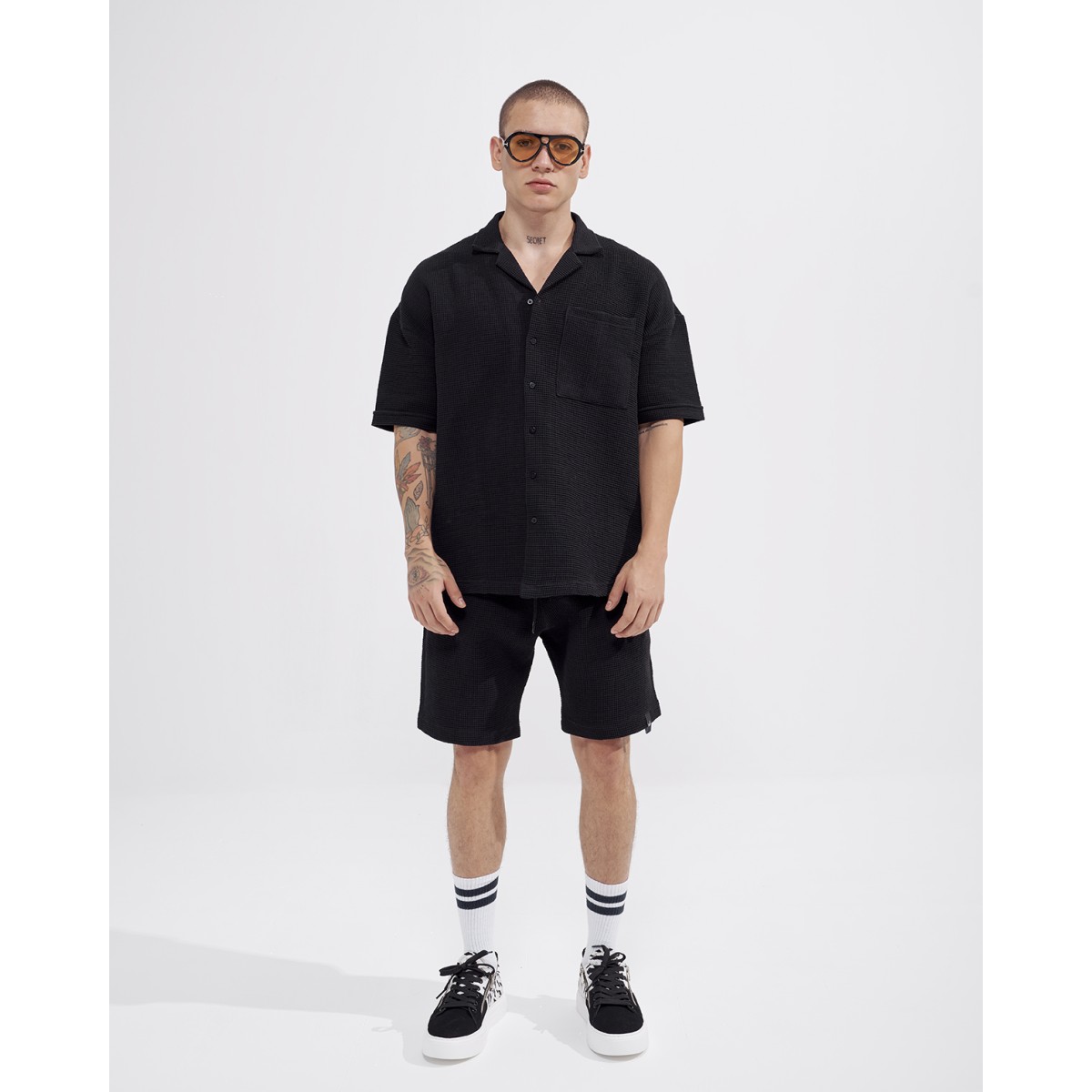 Men’s Waffle Tracksuit Set with Shorts in Midnight Black | Martin Valen