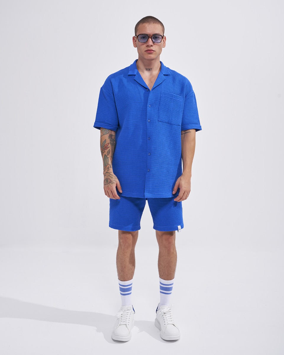 Men’s Waffle Tracksuit Set with Shorts in Sax Blue