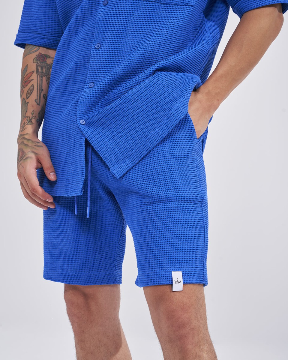 Herren-Waffel-Trainingsanzug-Set mit Shorts in Sax Blau | Martin Valen