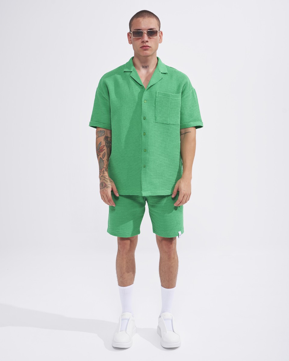 Conjunto de Chándal de Gofre para Hombre con Pantalones Cortos en Verde Azulado