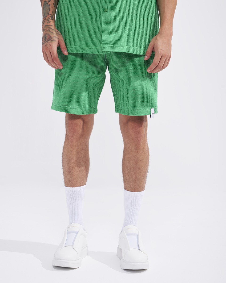 Мужской спортивный костюм с шортами в вафельном стиле зелёный тиль | Martin Valen