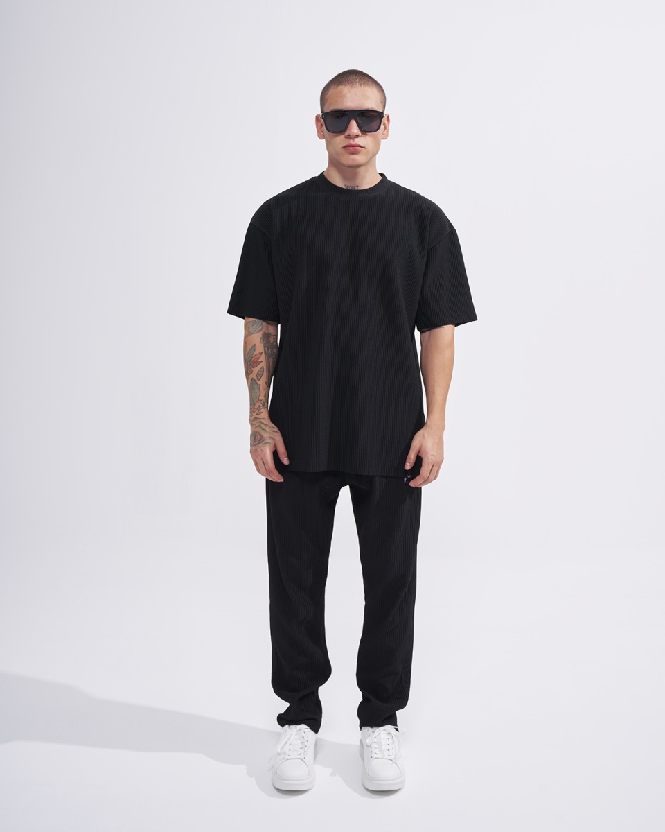 Men’s Ribbed Tracksuit T-shirt and Sweatpants Set in Black | Martin Valen