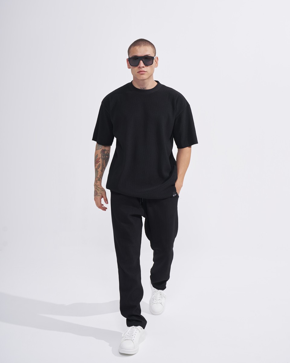 Men’s Ribbed Tracksuit T-shirt and Sweatpants Set in Black