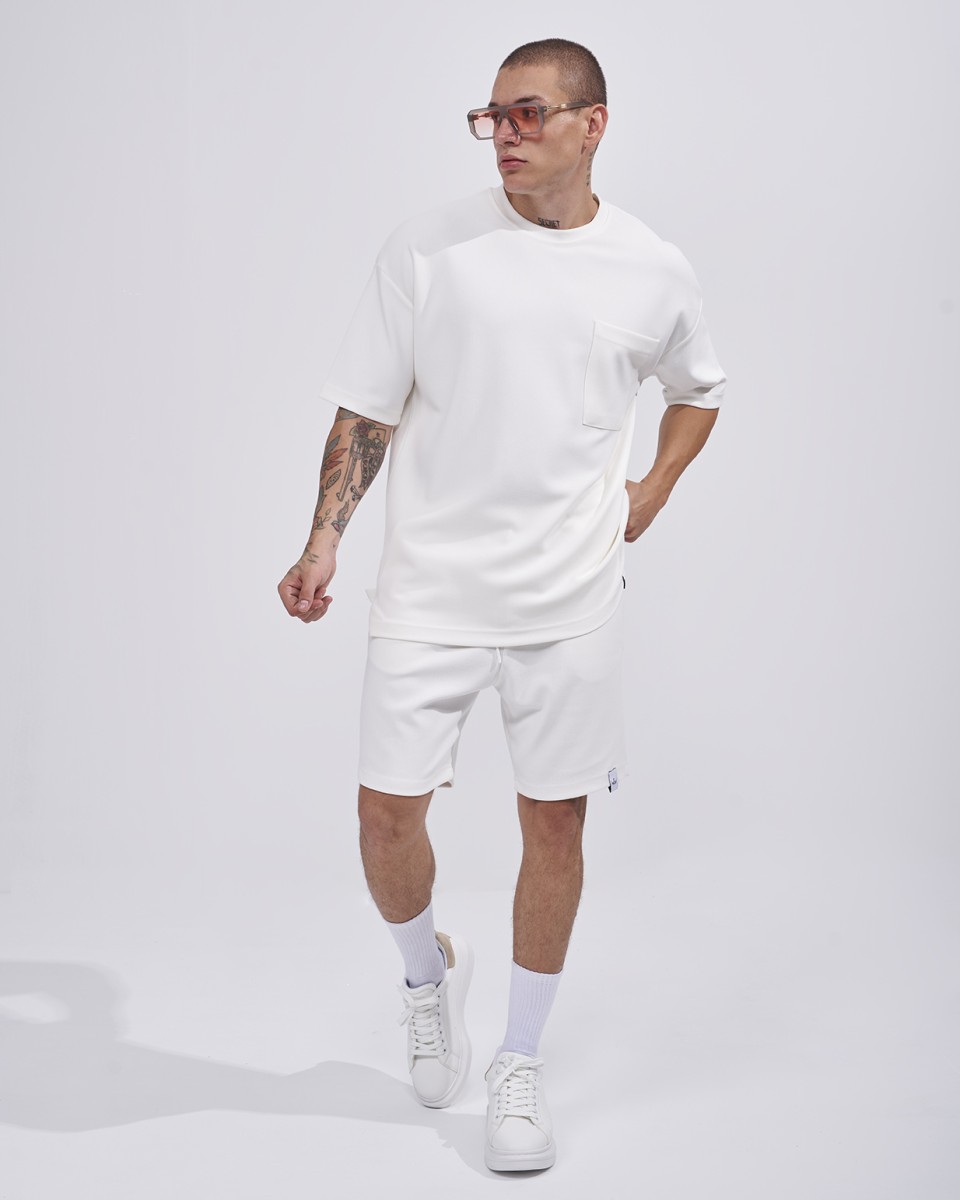 Men's Twill Short Tracksuit with Pocket Detail in White