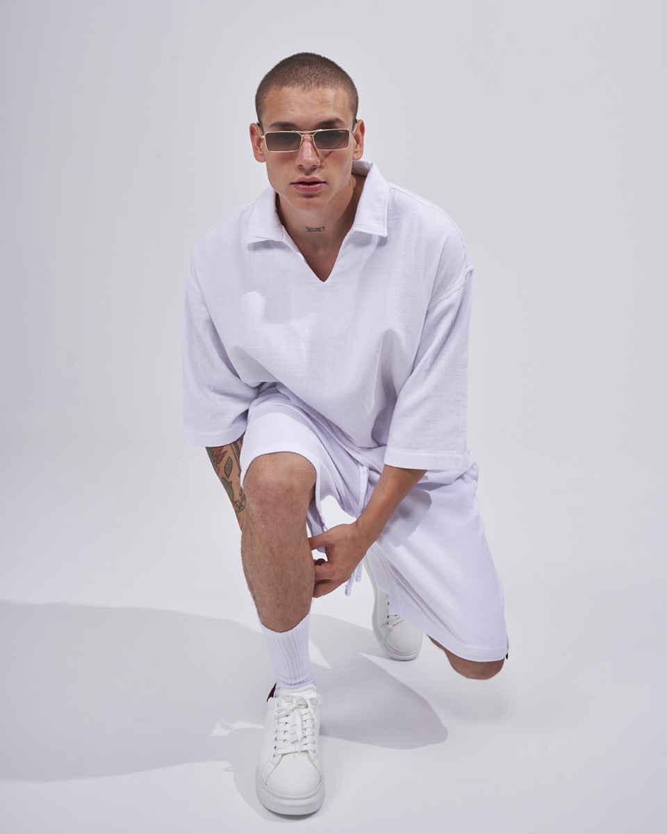 Men’s Oversized Tracksuit Set with Linen T-Shirt in White | Martin Valen