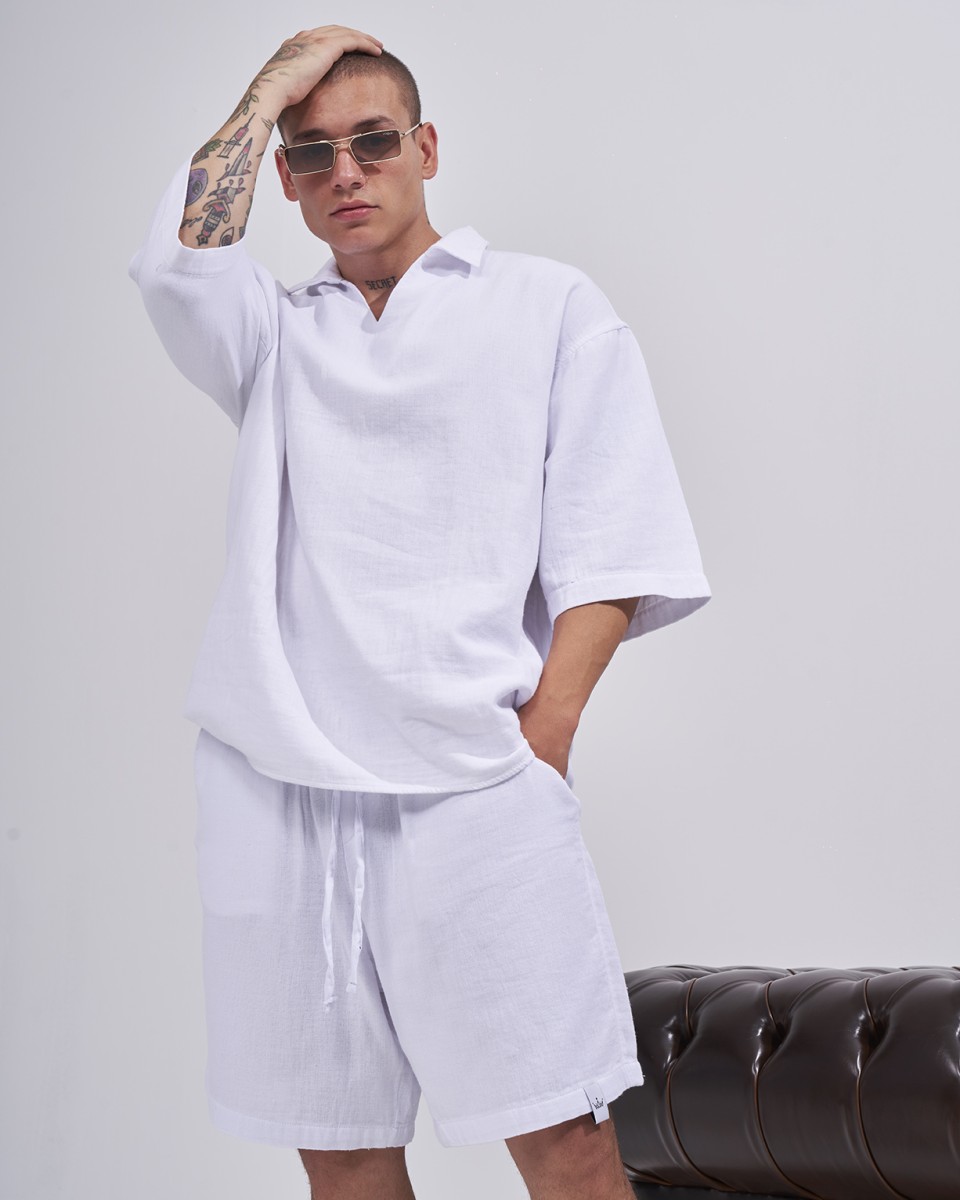Conjunto de Fato de Treino Oversized para Homem com Camisola de Linho em Branco