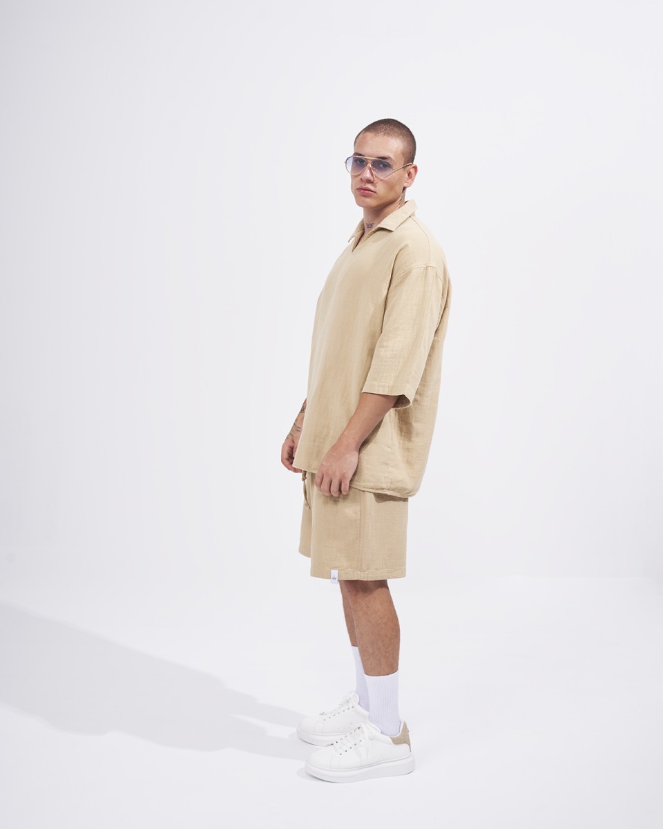 Men’s Oversized Tracksuit Set with Linen T-Shirt in Beige | Martin Valen