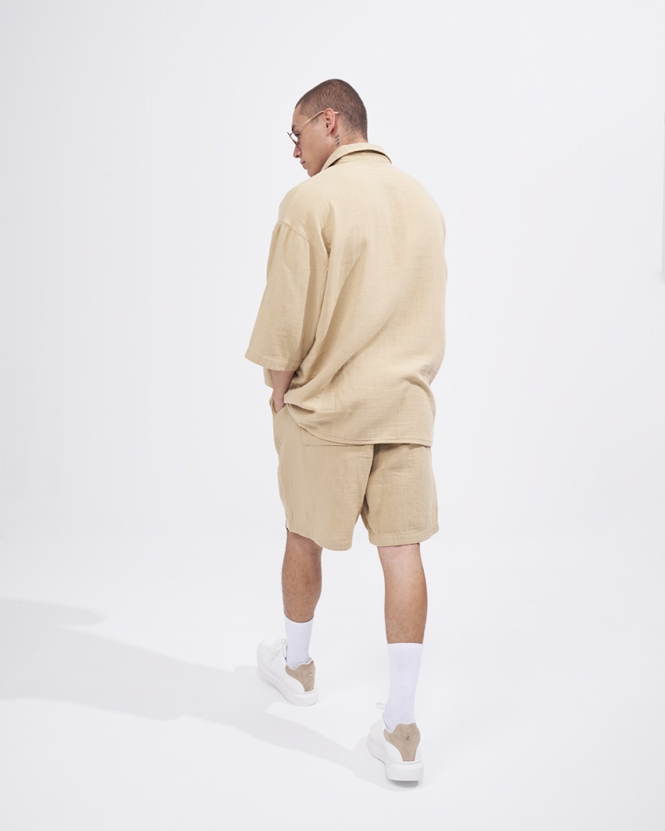Men’s Oversized Tracksuit Set with Linen T-Shirt in Beige | Martin Valen