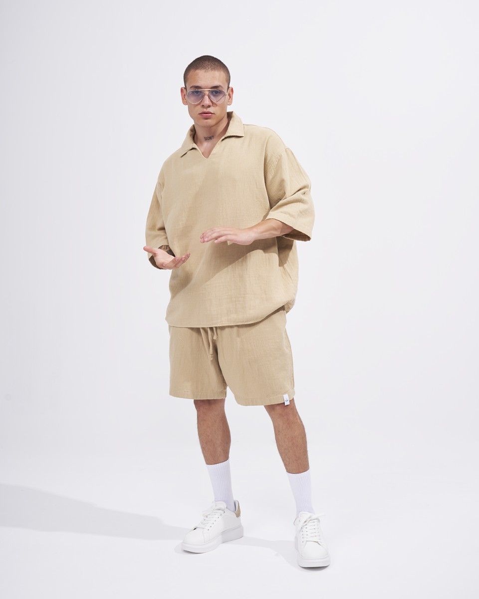 Men’s Oversized Tracksuit Set with Linen T-Shirt in Beige