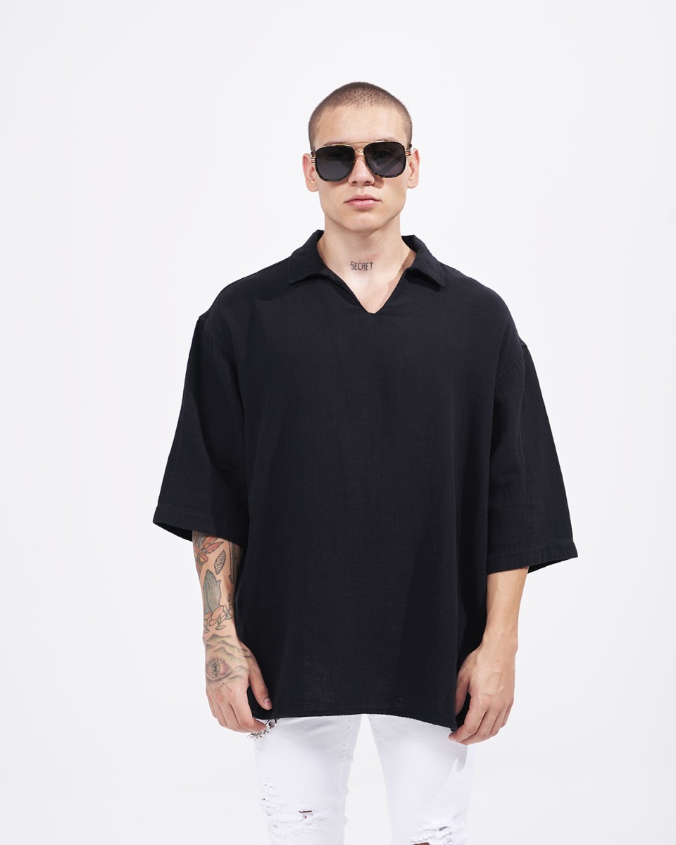 Men’s Oversized Linen Fabric Shirt with V-Neck in Black