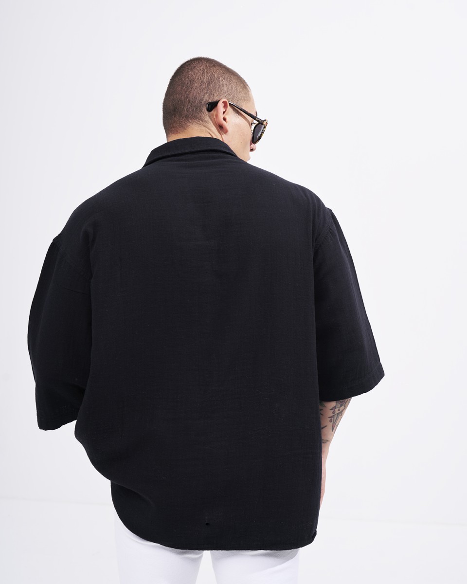 Camisa Oversize de Linho Homem com Decote V em Preto | Martin Valen