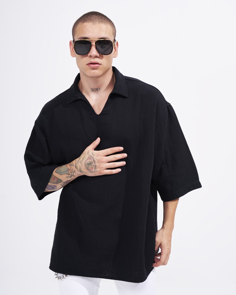 Men’s Oversized Linen Fabric Shirt with V-Neck in Black | Martin Valen