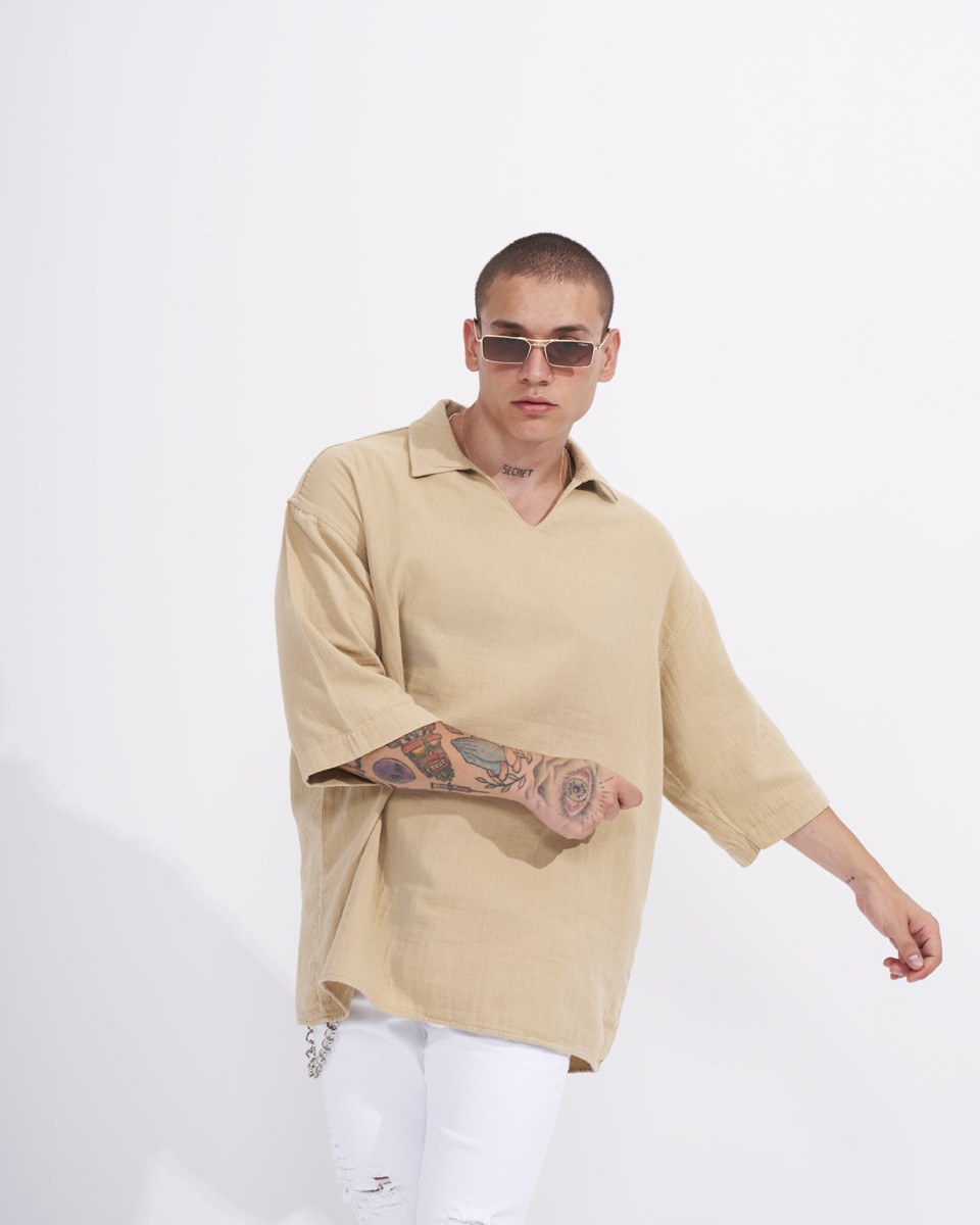 Men’s Oversized Linen Fabric Shirt with V-Neck in Beige