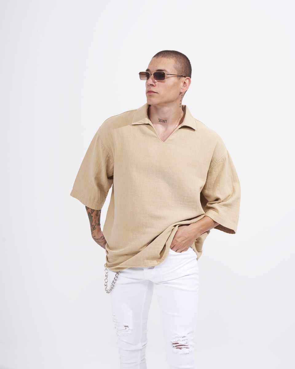 Camisa Oversize de Lino para Hombre con Cuello en V en Beige | Martin Valen