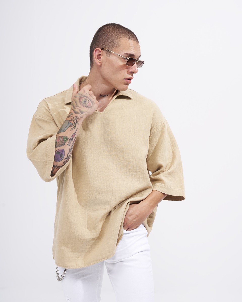 Men’s Oversized Linen Fabric Shirt with V-Neck in Beige | Martin Valen