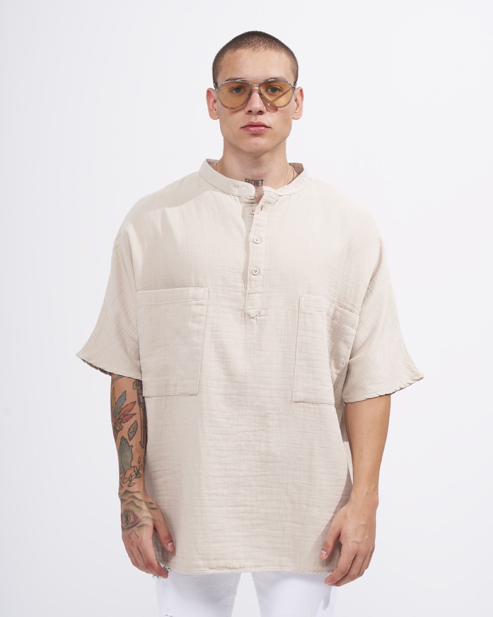 Men’s Oversized Linen Half-Button Mandarin Collar Shirt in Beige