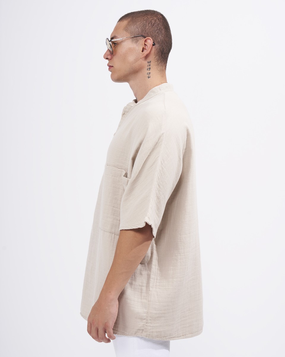 Men’s Oversized Linen Half-Button Mandarin Collar Shirt in Beige | Martin Valen