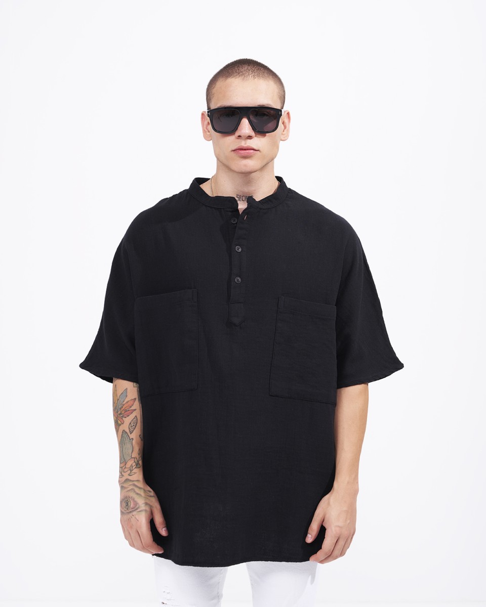 Men’s Oversized Linen Half-Button Mandarin Collar Shirt in Black
