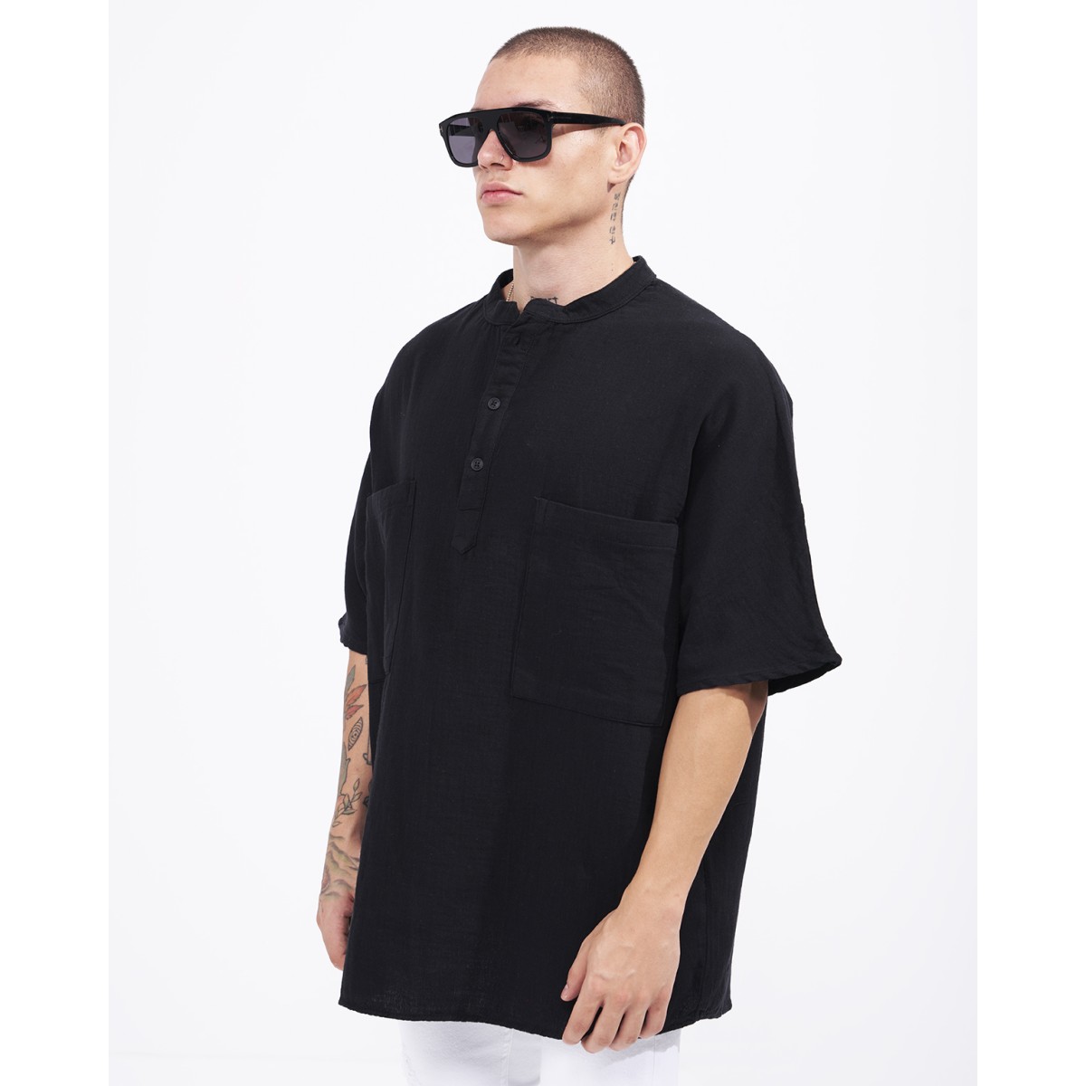 Men’s Oversized Linen Half-Button Grandad Shirt in Black