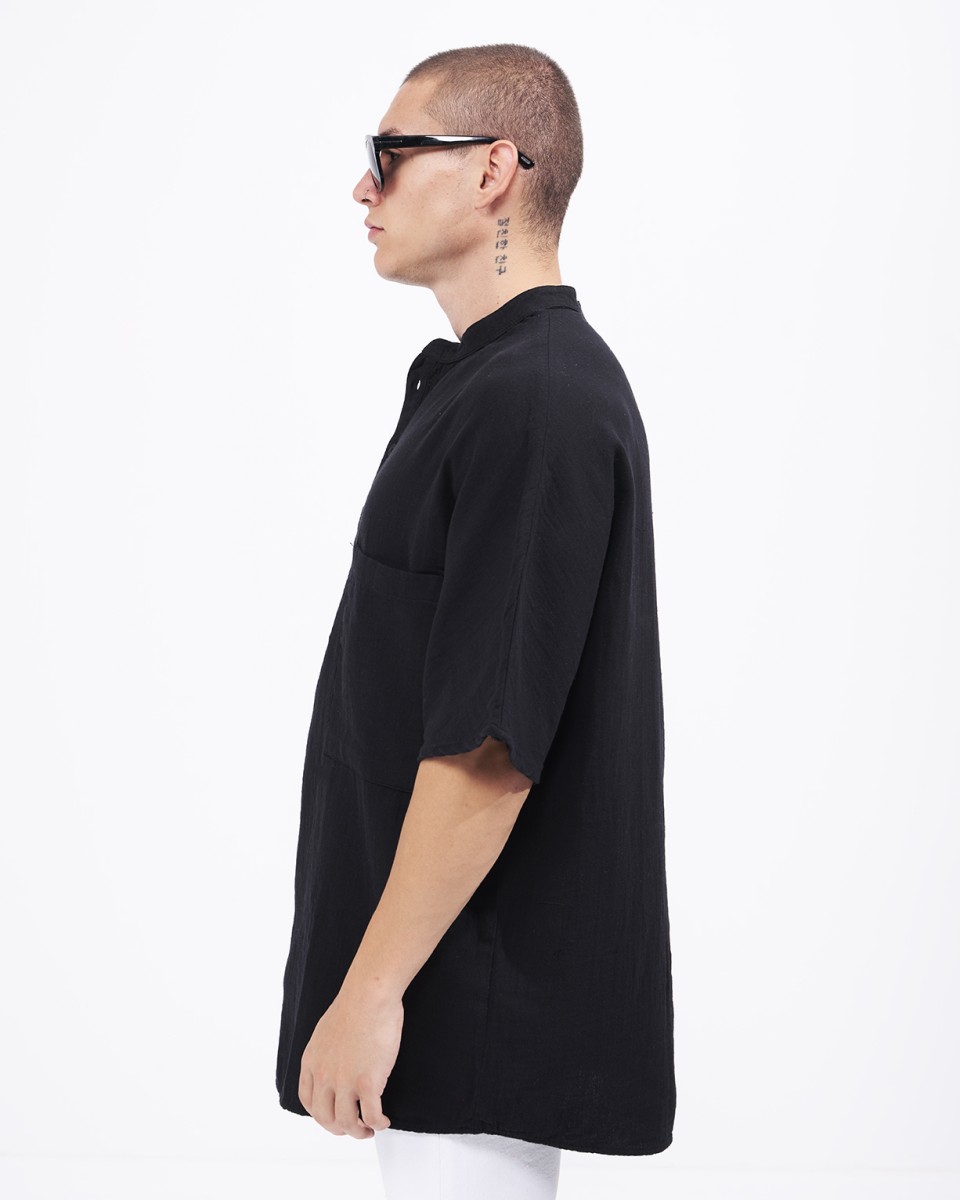 Camisa Oversize de Lino con Cuello Mandarin y Medio Botón para Hombres en Negro | Martin Valen