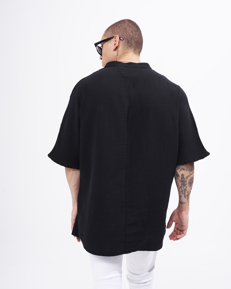 Men’s Oversized Linen Half-Button Mandarin Collar Shirt in Black | Martin Valen