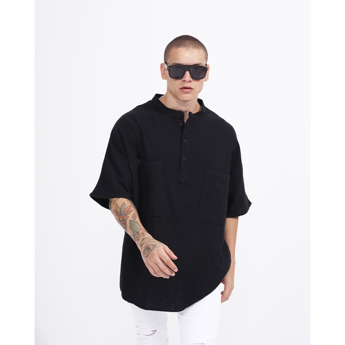 Men’s Oversized Linen Half-Button Grandad Shirt in Black