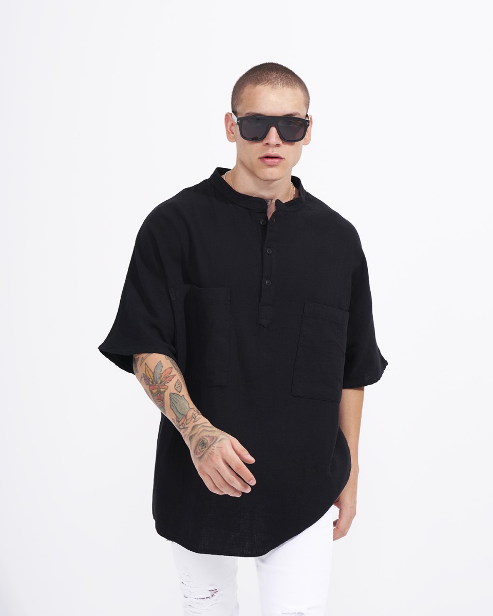 Men’s Oversized Linen Half-Button Mandarin Collar Shirt in Black | Martin Valen