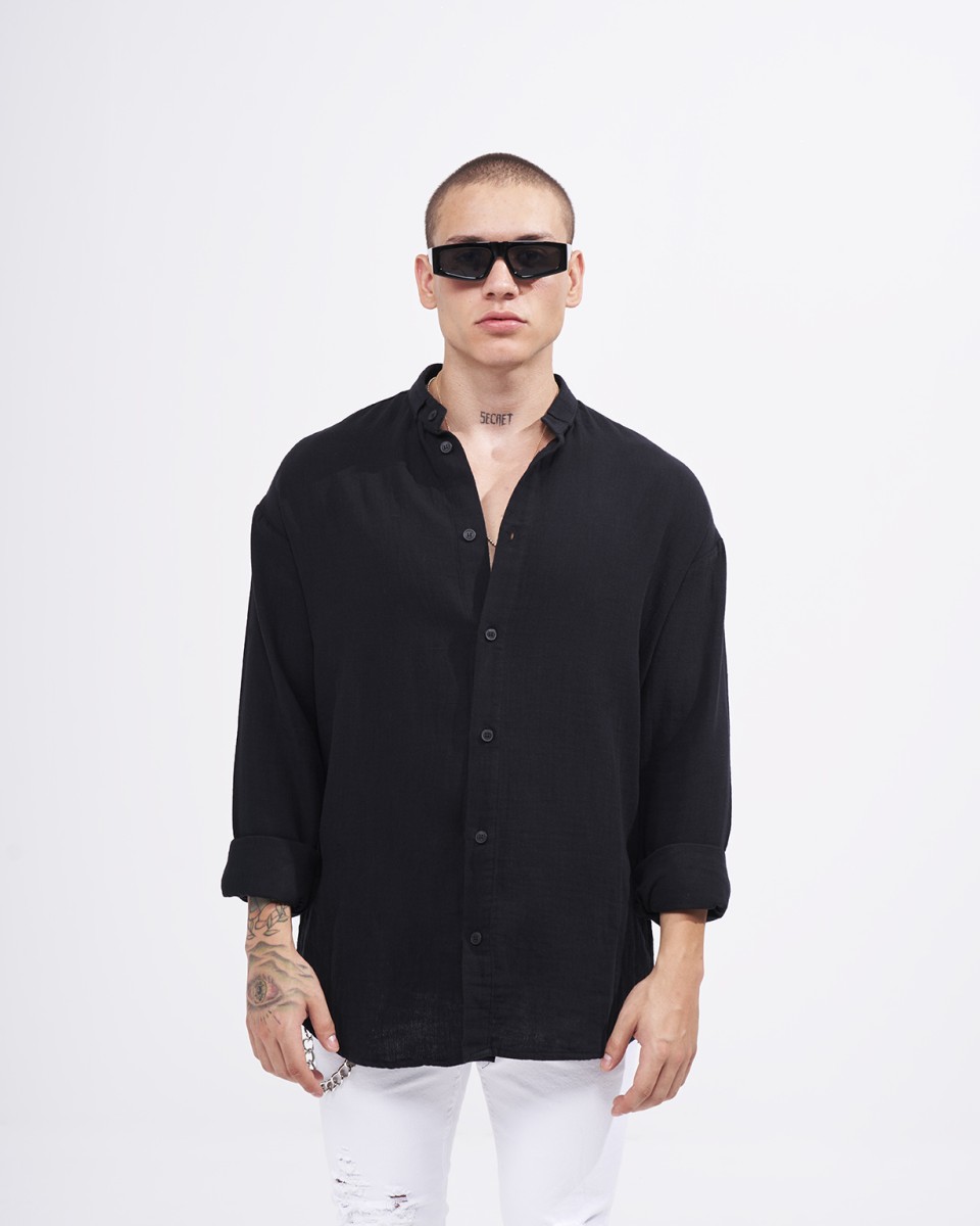 Men’s Oversize Fit Linen Mandarin Collar Shirt in Black