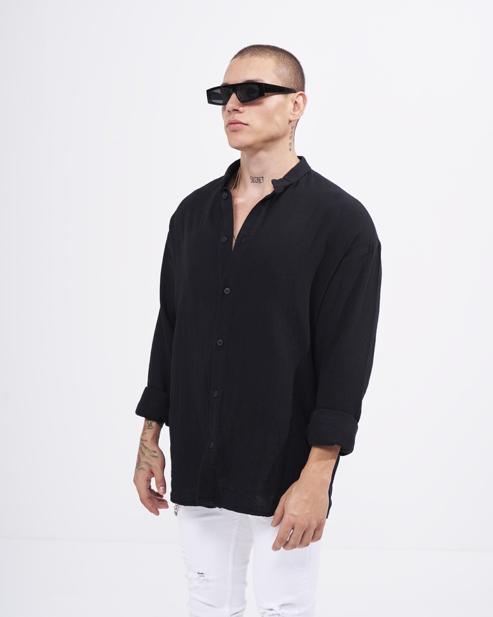 Мужская оверсайз рубашка из льна с мандариновым воротником в черном | Martin Valen