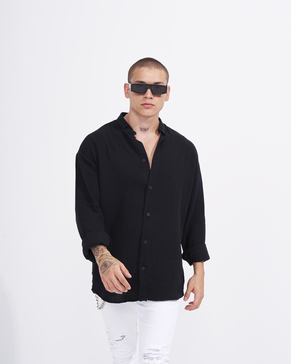 Men’s Oversized Fit Linen Mandarin Collar Shirt in Black | Martin Valen