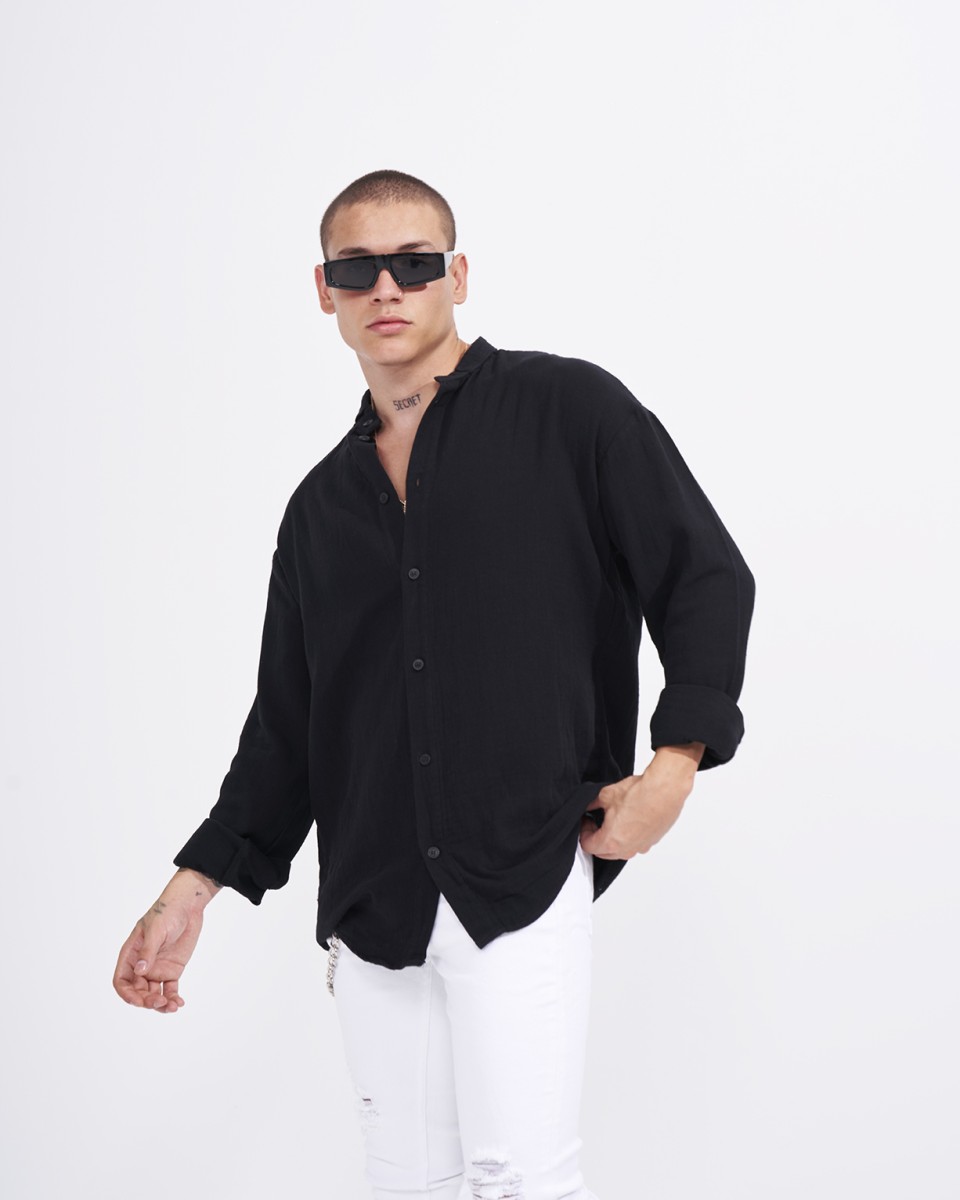 Camisa de Lino para Hombre con Corte Oversize y Cuello Mandarín en Negro | Martin Valen