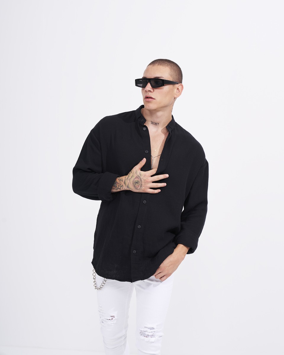 Camisa de Lino para Hombre con Corte Oversize y Cuello Mandarín en Negro | Martin Valen
