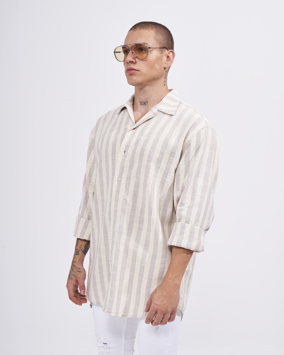 Мужская широкая льняная рубашка в вертикальную полоску кремового | Martin Valen