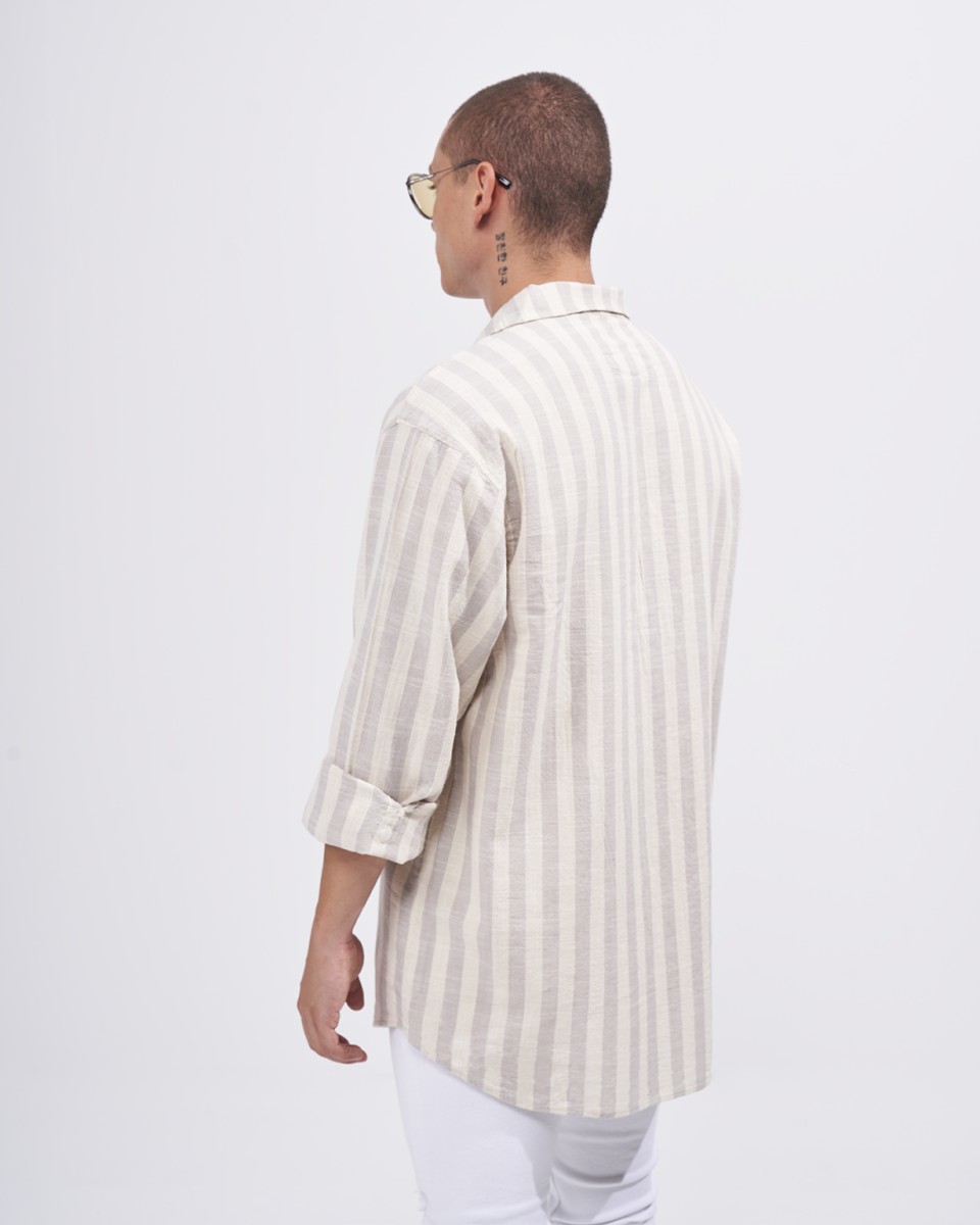 Мужская широкая льняная рубашка в вертикальную полоску кремового | Martin Valen